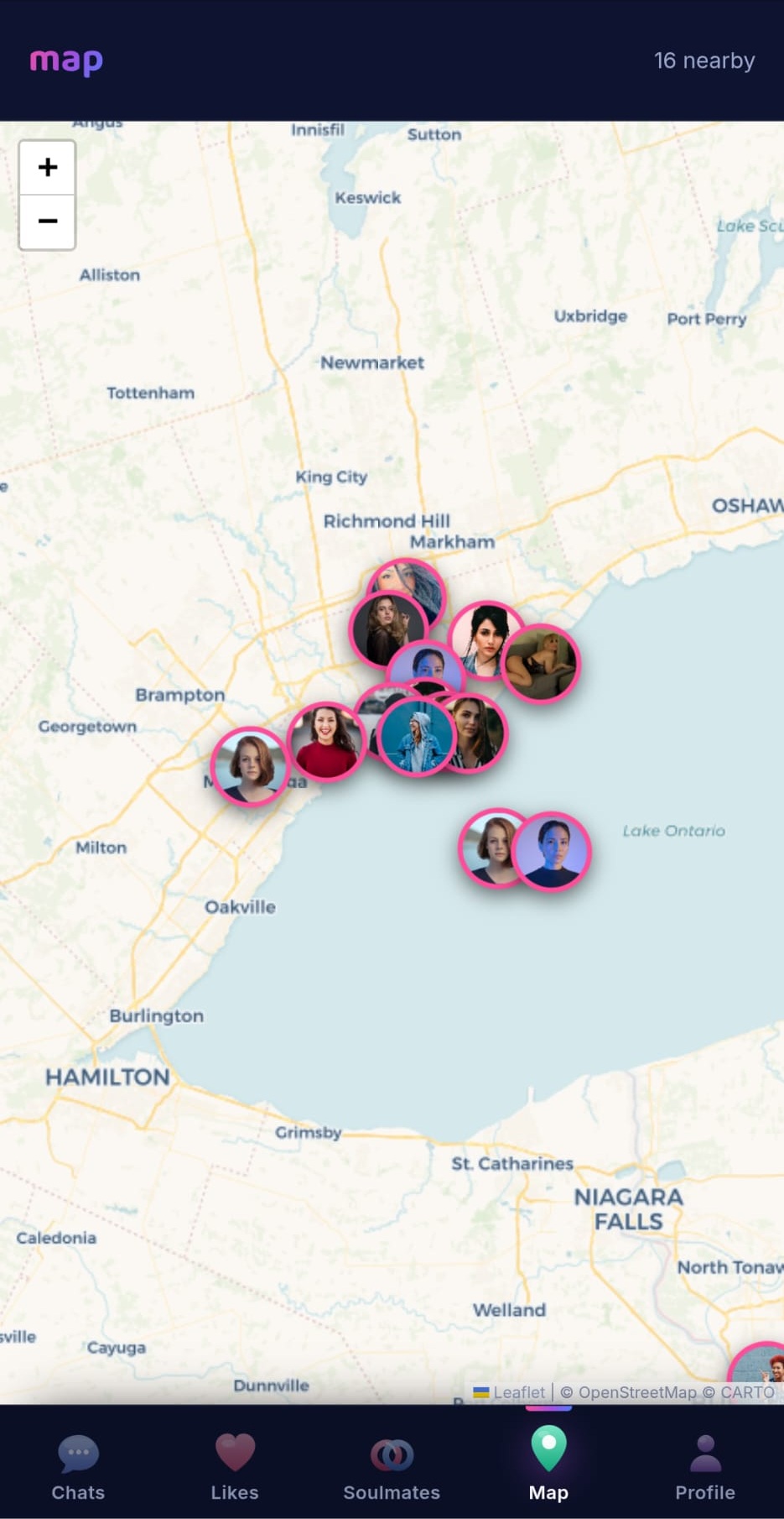 Soulmates Club map showing people nearby as approximate areas, never exact locations