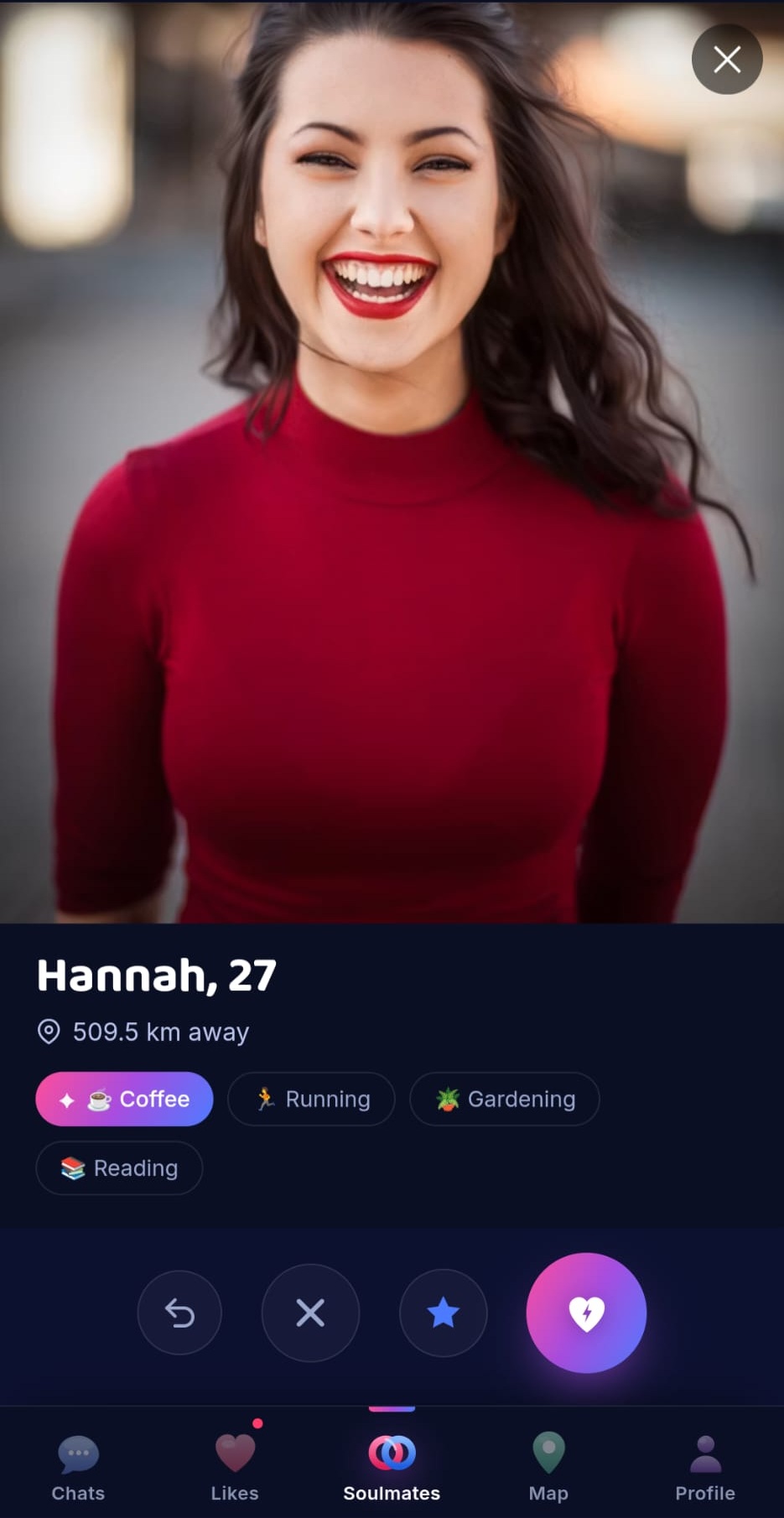 Soulmates Club profile screen with glowing shared interest tags